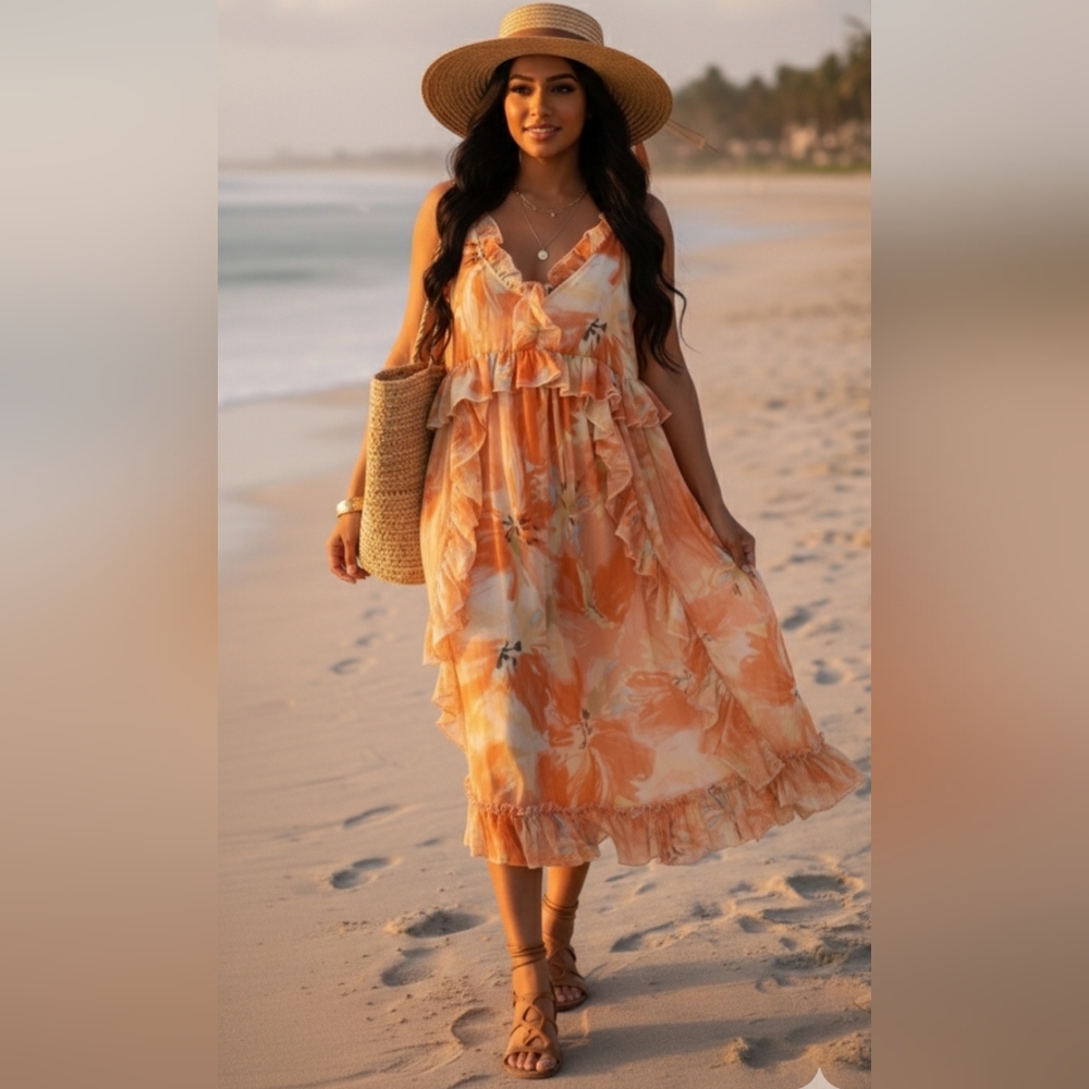 Buffalo David Bitton Vibrant Orange Floral Midi Dress